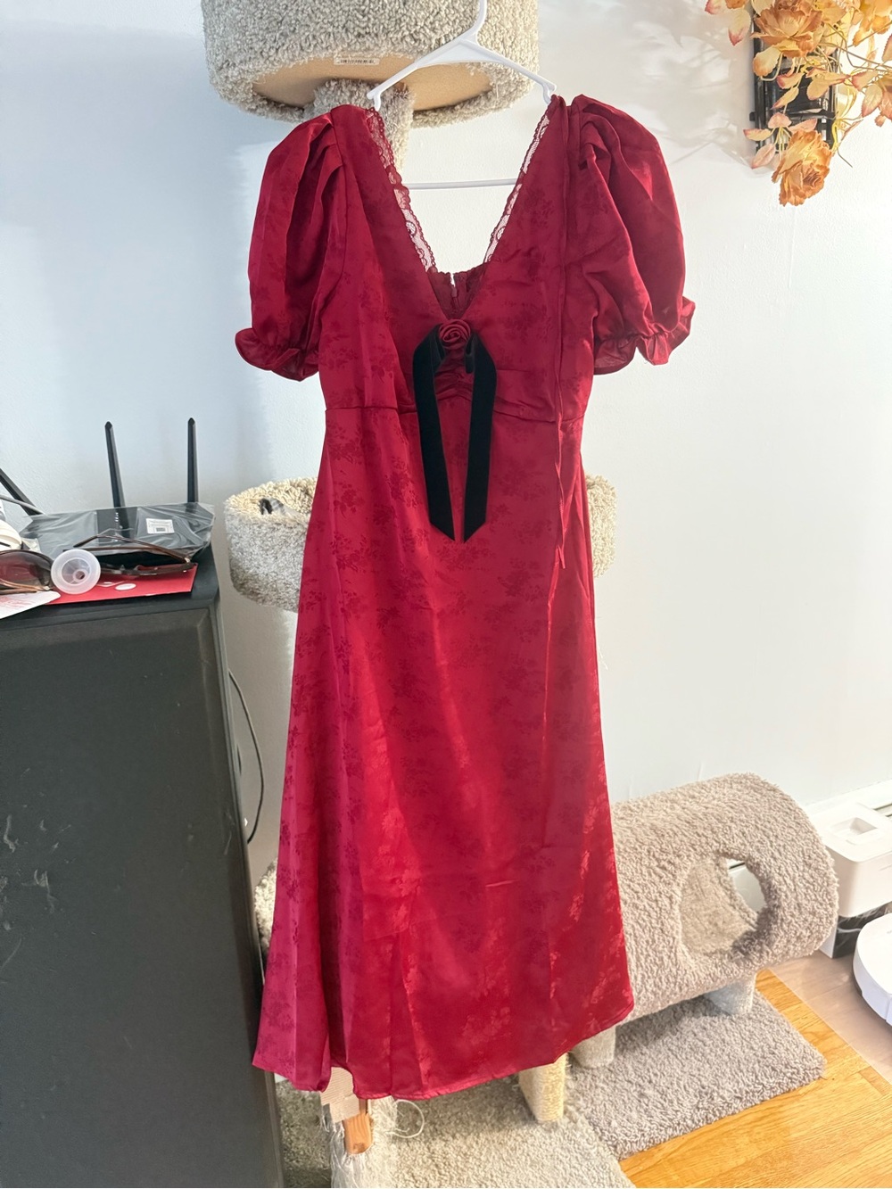 Francesca's Collections Red Puff-Sleeve Midi Dress with Black Ribbon Rose Detail